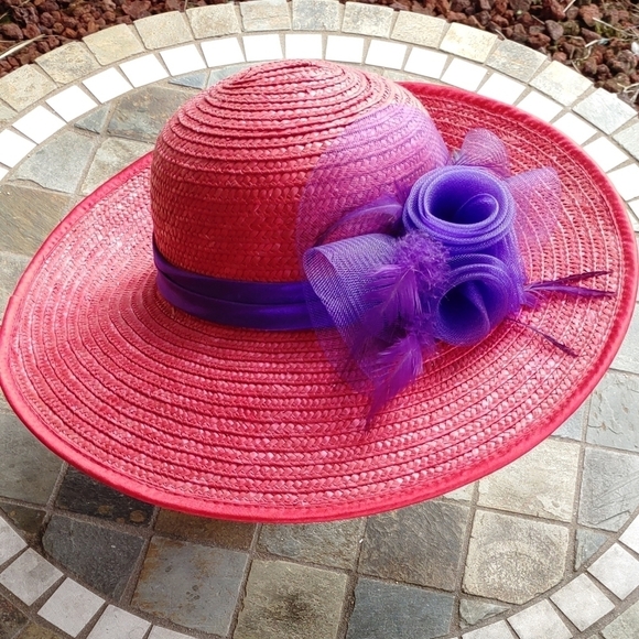 NEW LADIES RED HAT SOCIETY STRAW BRIM HAT WITH PURPLE BOW - Picture 6 of 10